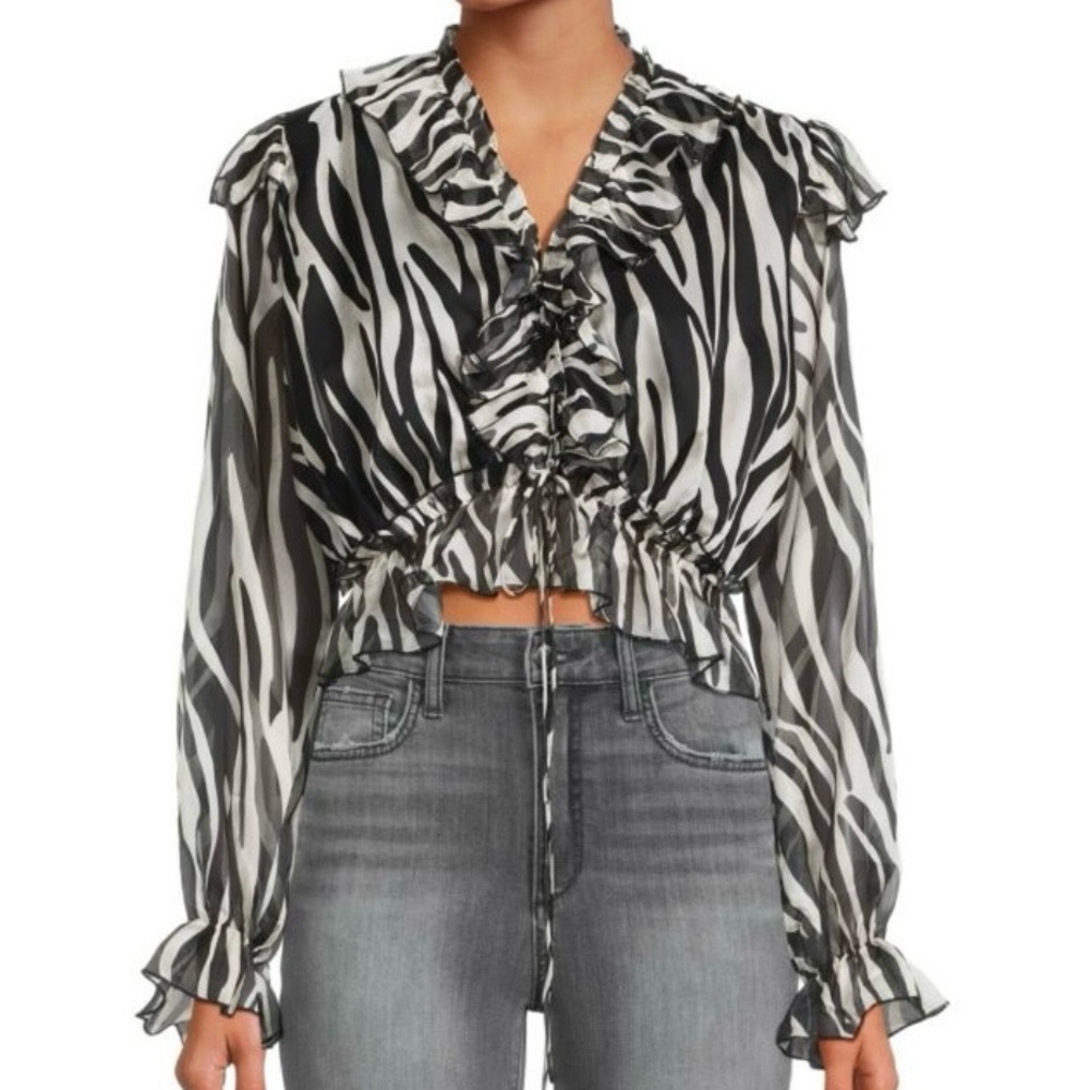 New Area Stars Zebra Print Ruffle Long Sleeve Crop Top Black White Size Medium